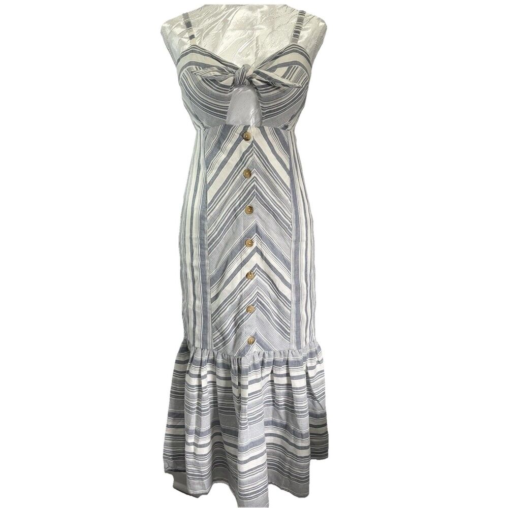 Red Carter Striped Chambray Maxi Dress S Small Blue White Tie Front Button Linen